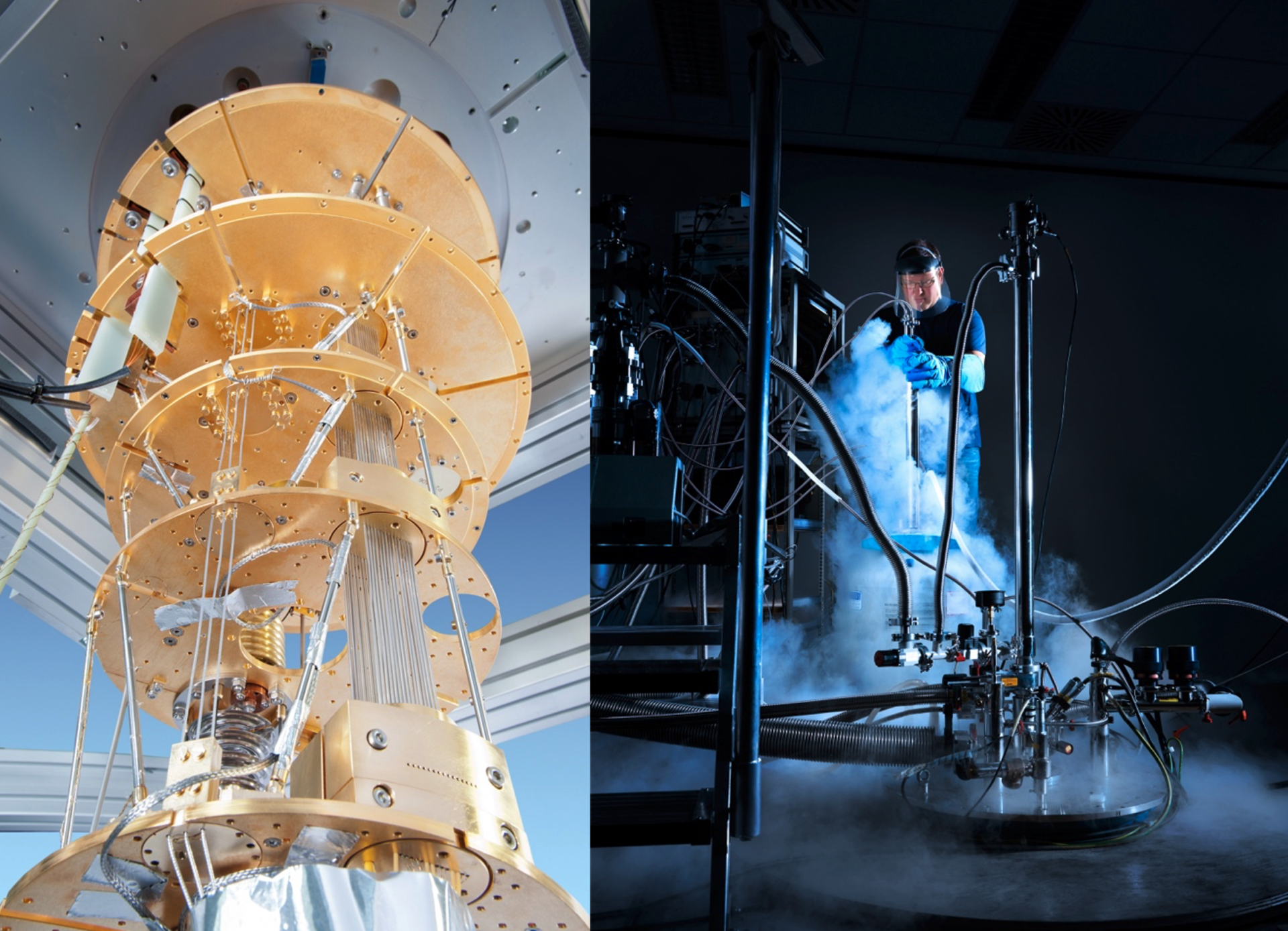 Cryostat for superconducting qubits achieving ultra low temperatures and researcher using the equipment